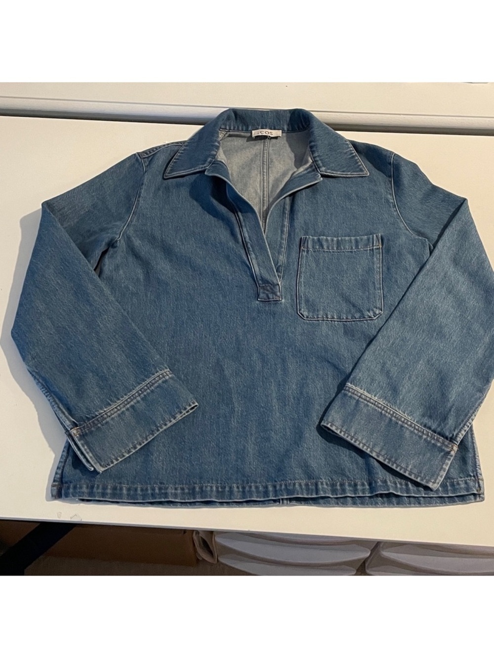 COS Collared V-Neck Denim Top Oversized Boxy long sleeve Shirt - Picture 7 of 8